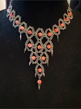 Vintage Bib Necklace with Orange Beads,Small